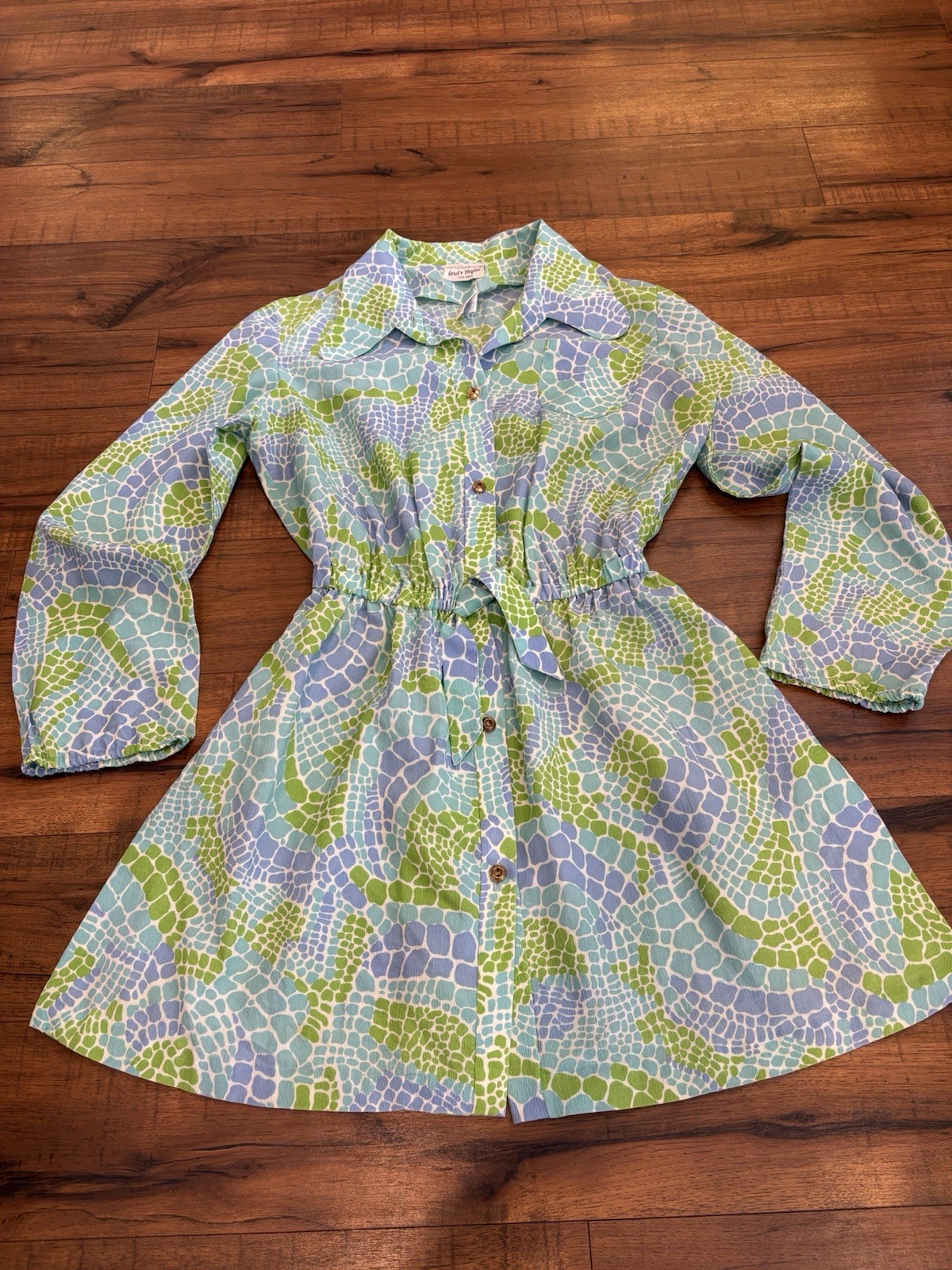 Vintage 1960s Lord & Taylor Abstract Print Mod Shirt Dress Blue Green Large