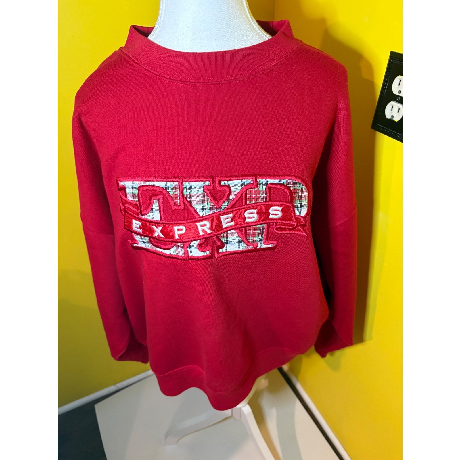 Vintage 90s Express EXP Sweatshirt Red Plaid Tartan Embroidered Logo Medium
