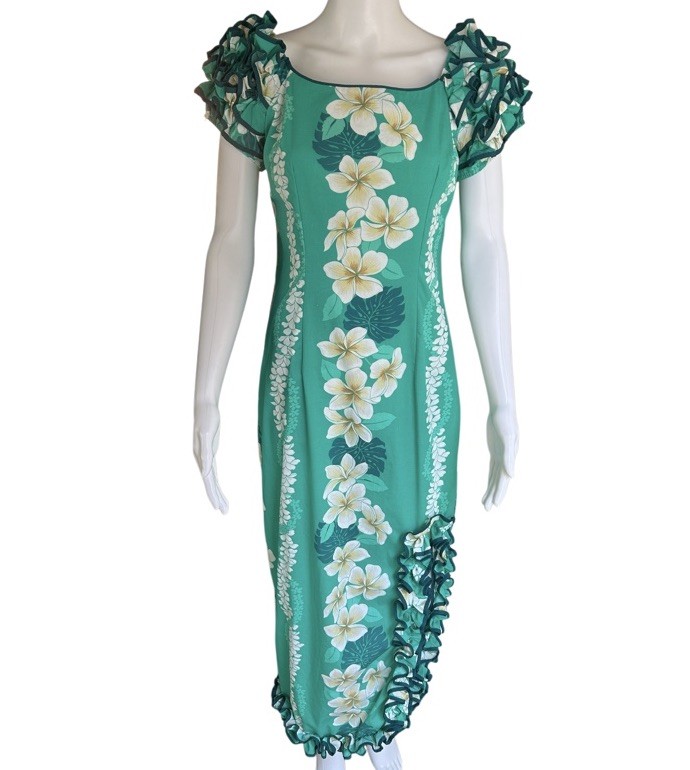 Vintage 80s Royal Creations Hawaiian Floral Ruffle Maxi Dress Green M Luau Hula