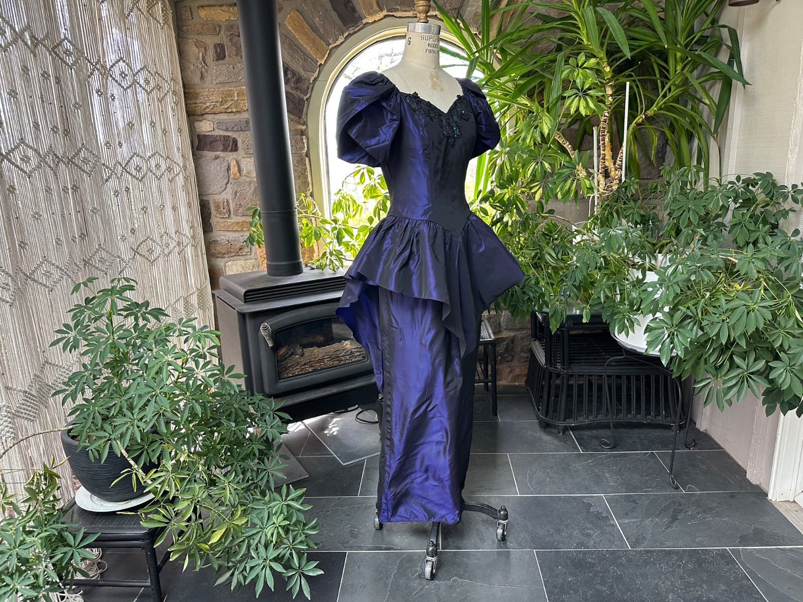 Vintage 1980s Purple Iridescent Taffeta Sequin Drop Waist Formal Maxi Dress