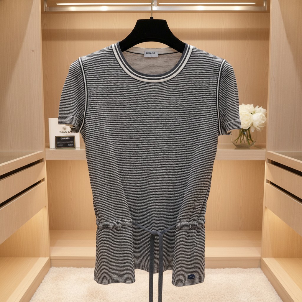 Chanel Coco Line Vintage CC Logo Gray White Striped Blouse Top T-Shirt Jersey S