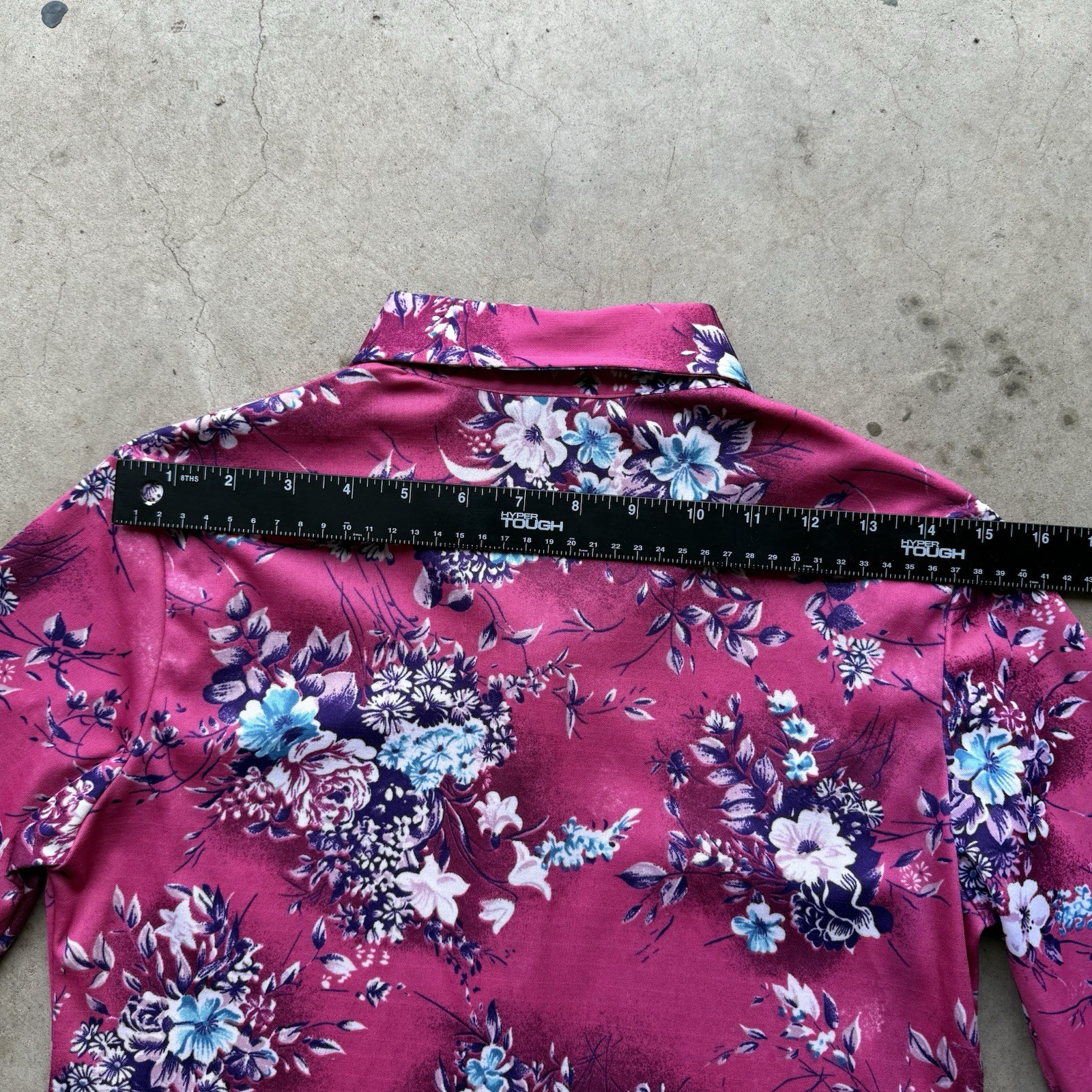 Disco Retro Vintage 70s Floral Blouse Pink Fuchsia Button Up Polyester Womens M