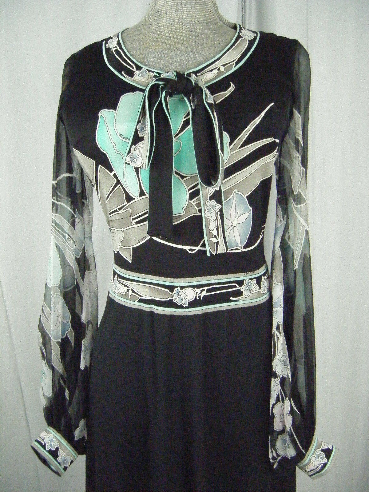 LEONARD PARIS Vtg 60s Green Black Silk Knit Chiffon Sleeve Dress-Bust 30-36/XS-S