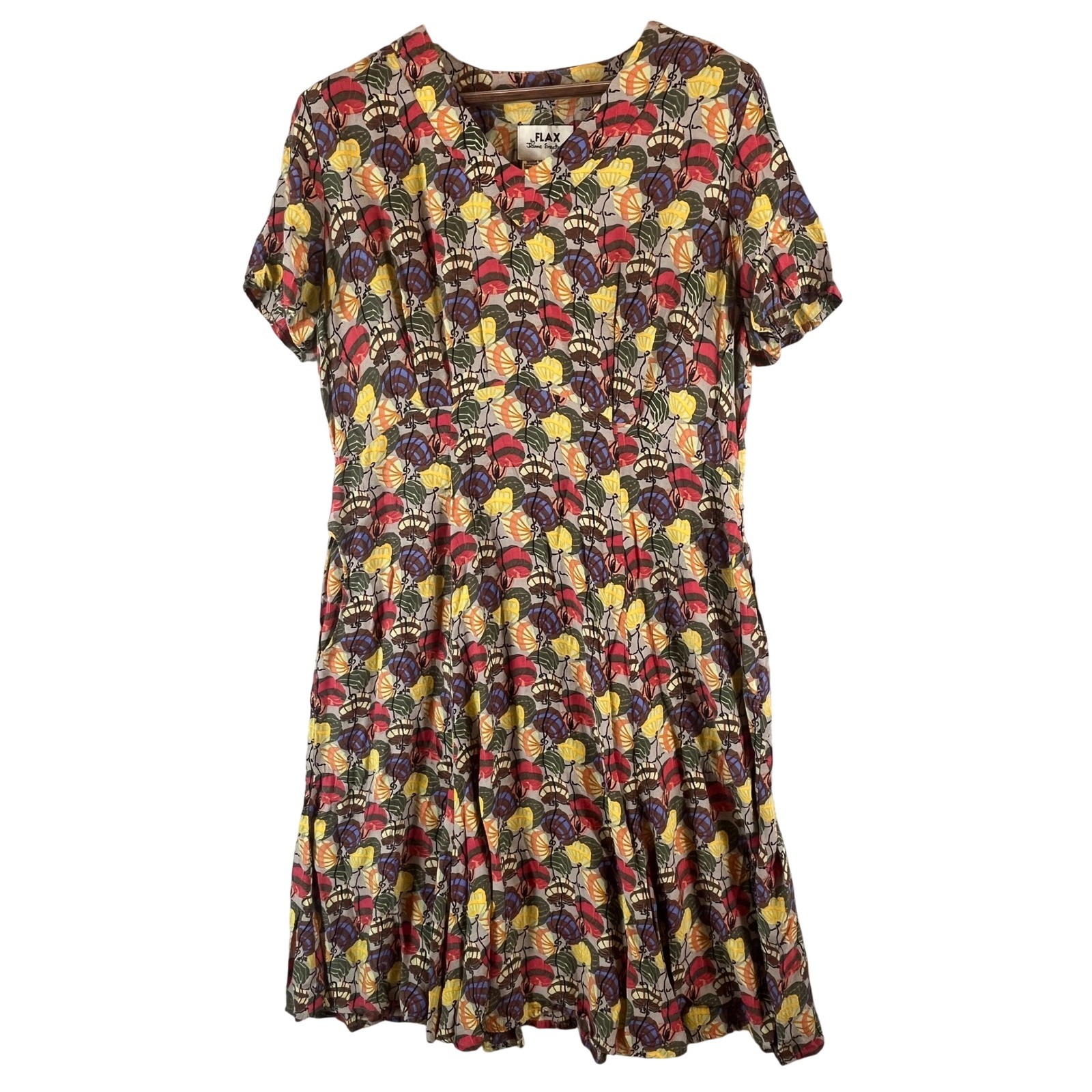 VTG FLAX Jeanne Engelhart Dress M Rayon Abstract Print Midi Pockets Lithuania