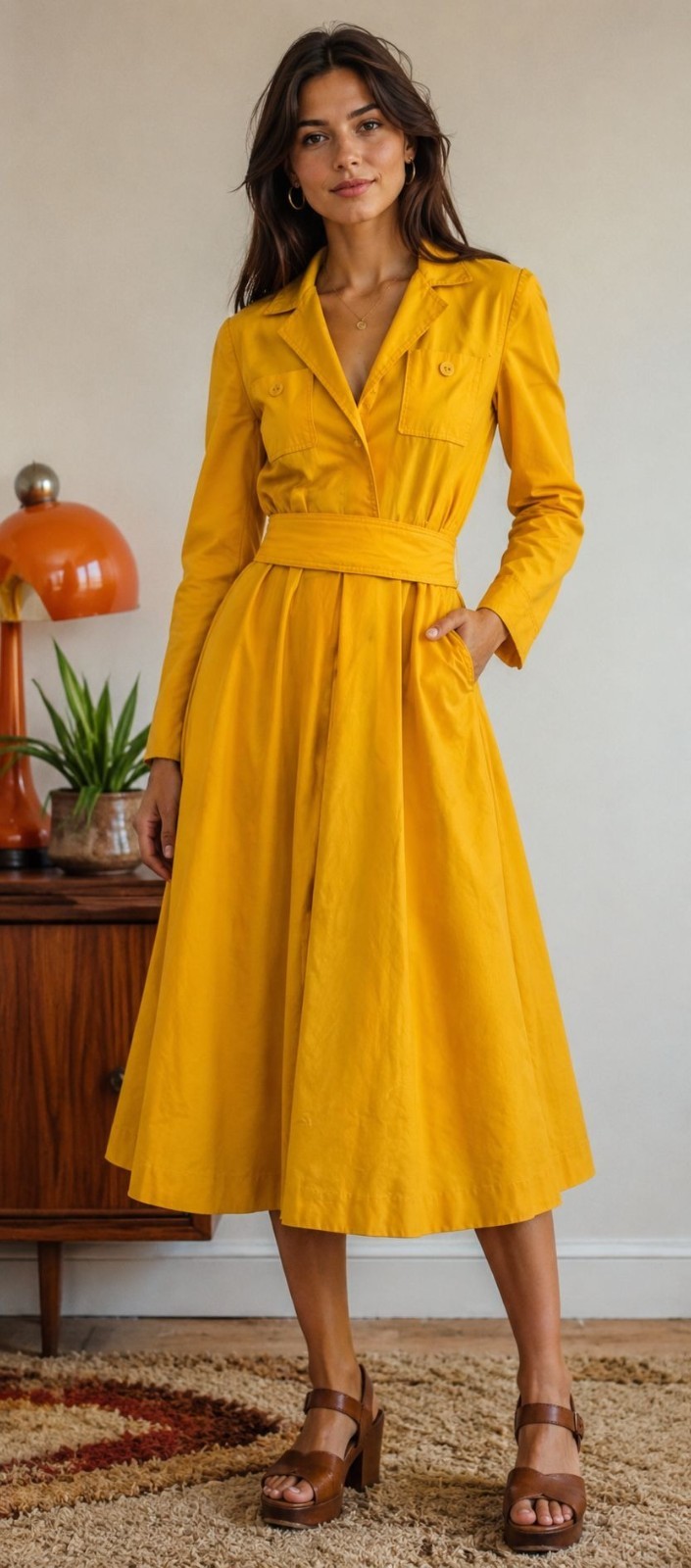 Vintage Caron Retro 70’s Yellow Midi Length Long Sleeve Shirt Dress Size Small