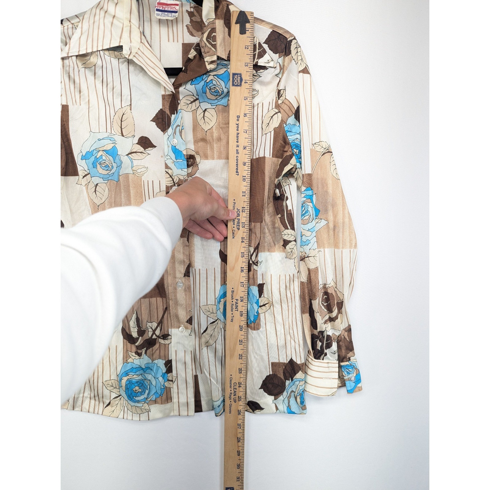 Vintage Pykettes 70s Floral Geometric Nylon Button Up Blouse Blue Brown Size 16