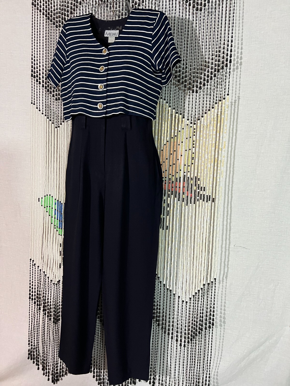 VTG 80s MENU Jumpsuit Navy Blue Attached White Striped Cropped Jacket Disco SZ 6