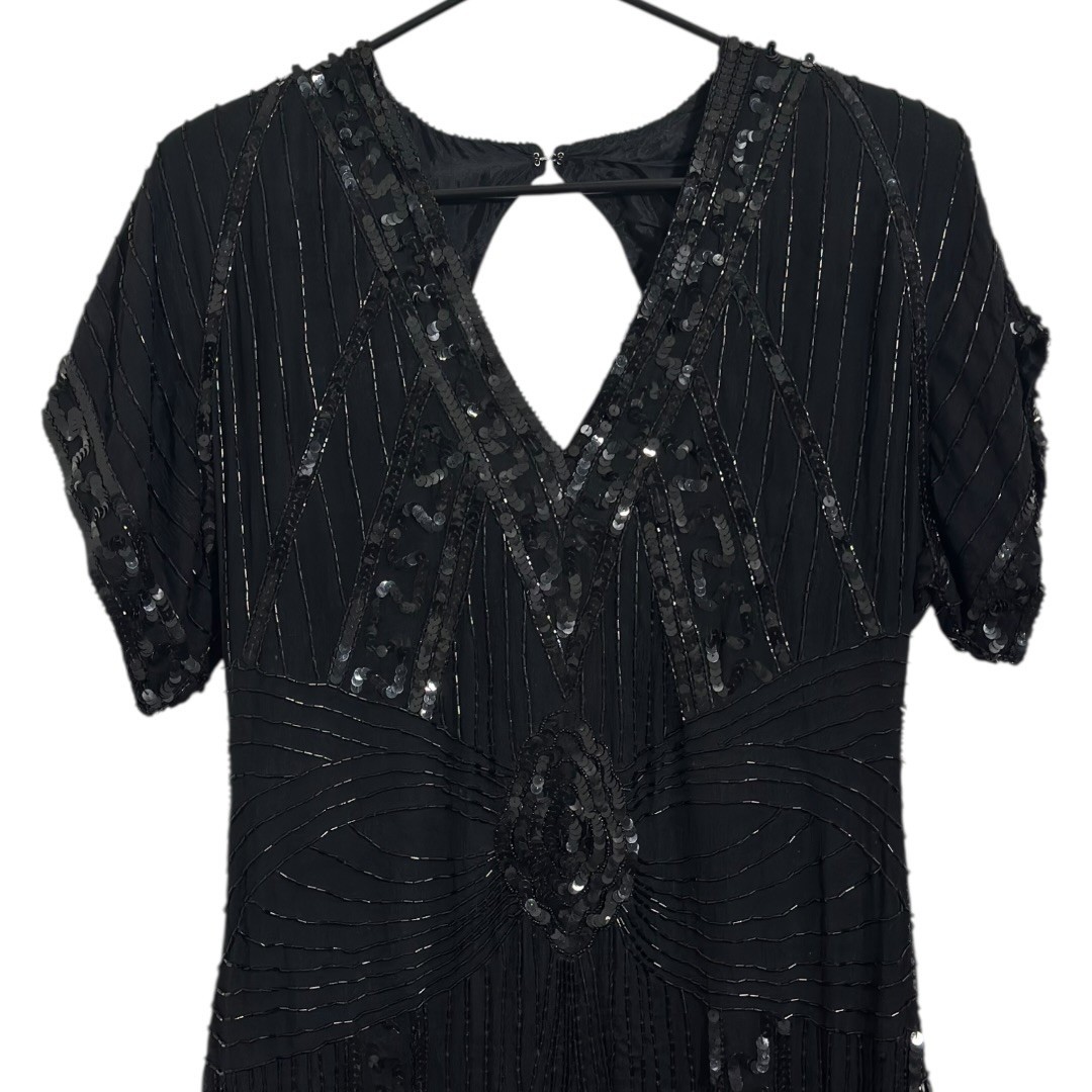 SweeLo Vintage 1920 Black Beaded 100% Silk Flapper Dress Sequin Art Deco Size PL