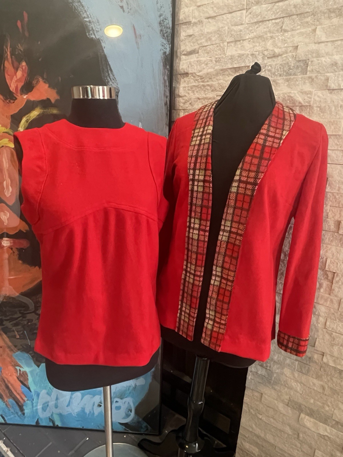 Vintage Handmade Red Sleeveless Top And Open Cardigan 70s Poly