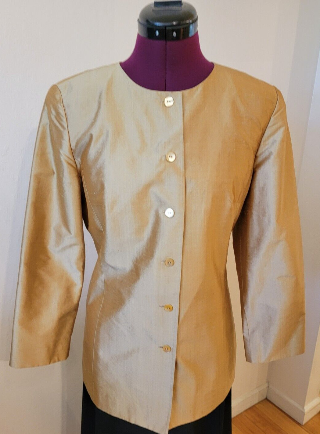 VTG Neiman Marcus Gold Silk Shantung Collarless Jacket, Size 6, Perfect