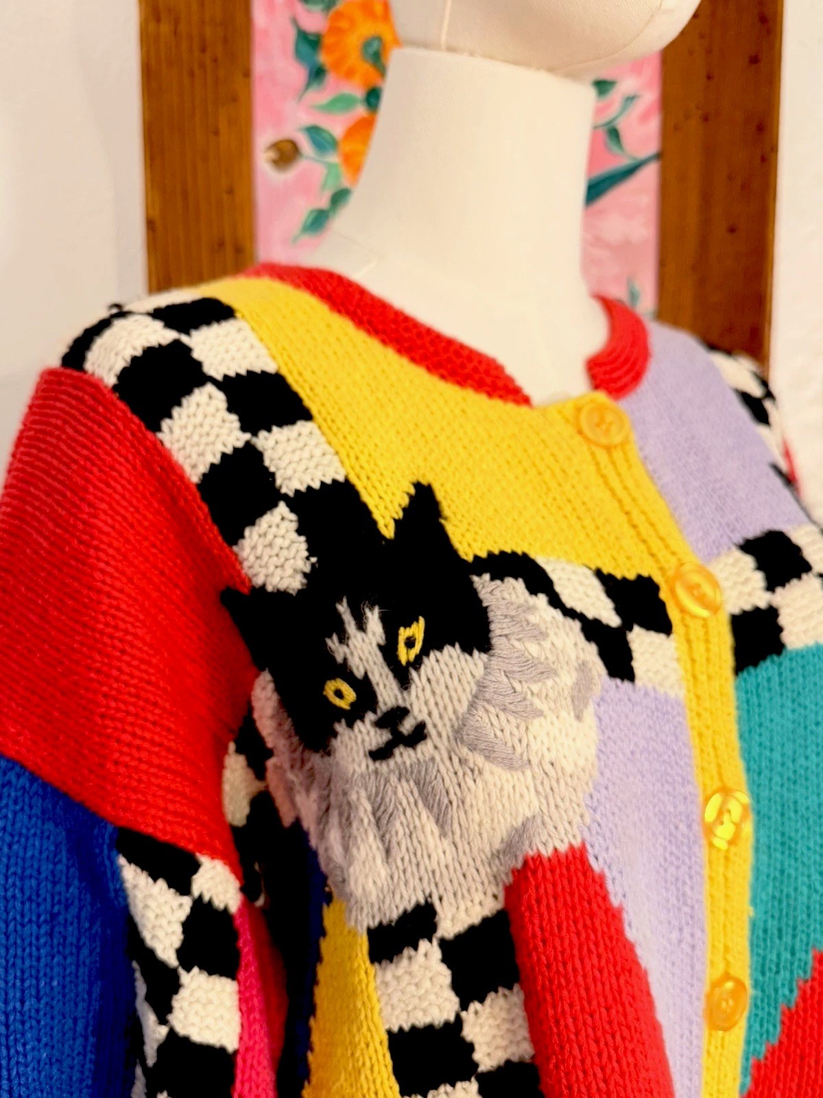 Vintage Cardigan Bay Knitted by Hand Cats Multicolored Size M Women’s