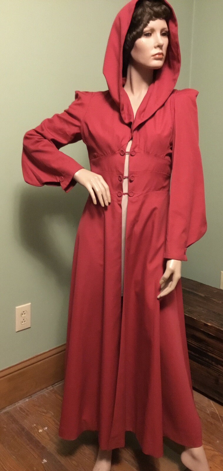 Vintage Diana Leslie Red Cotton/Dacron Hooded Fit & Flare Maxi Coat RARE