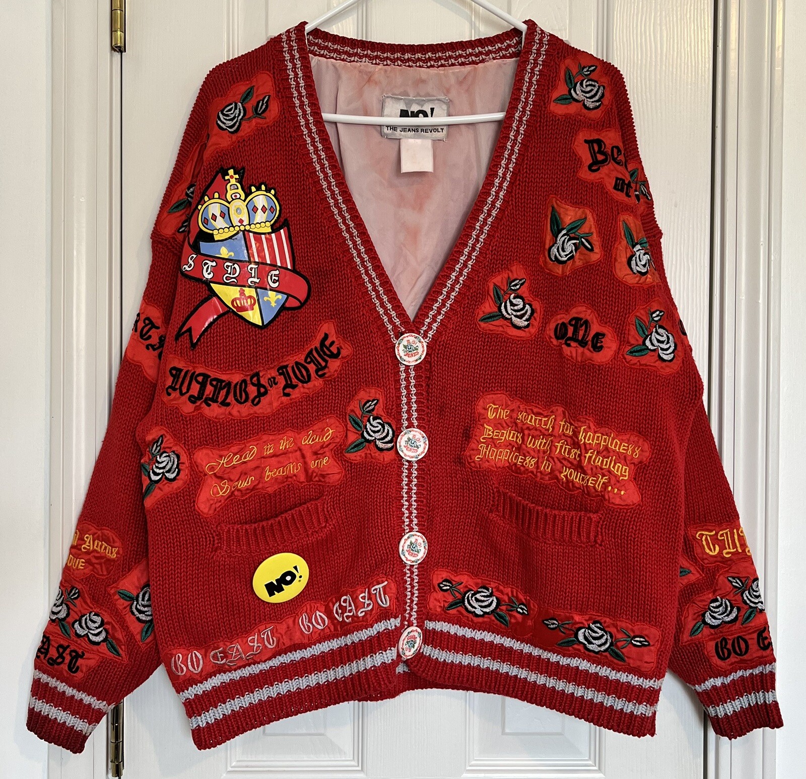 Vintage NO! The Jeans Revolt One Size Embroidered Sweater Love Happiness Red