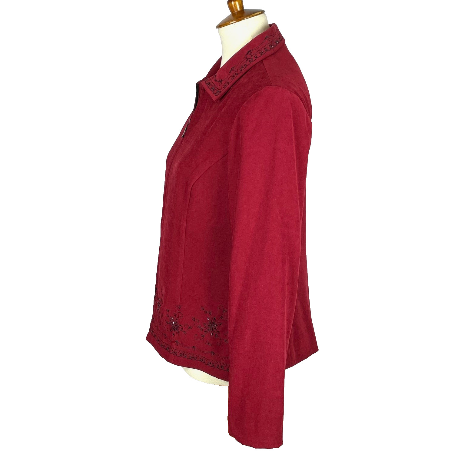 Vtg 80s 90s Studio I Faux Suede Full Zip Blazer Sz 12 Red Beaded Embroidery