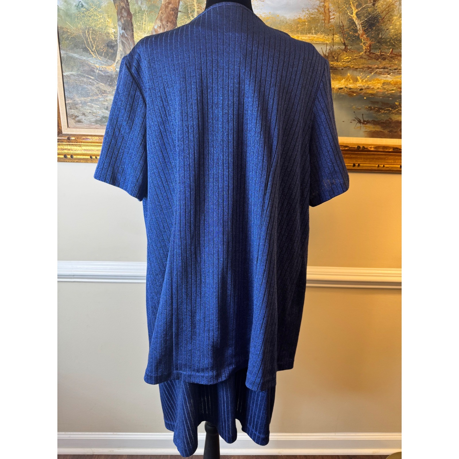 Pride & Joy Vintage Blue Metallic Ribbed Knit Dress and Cardigan Set Size 18W