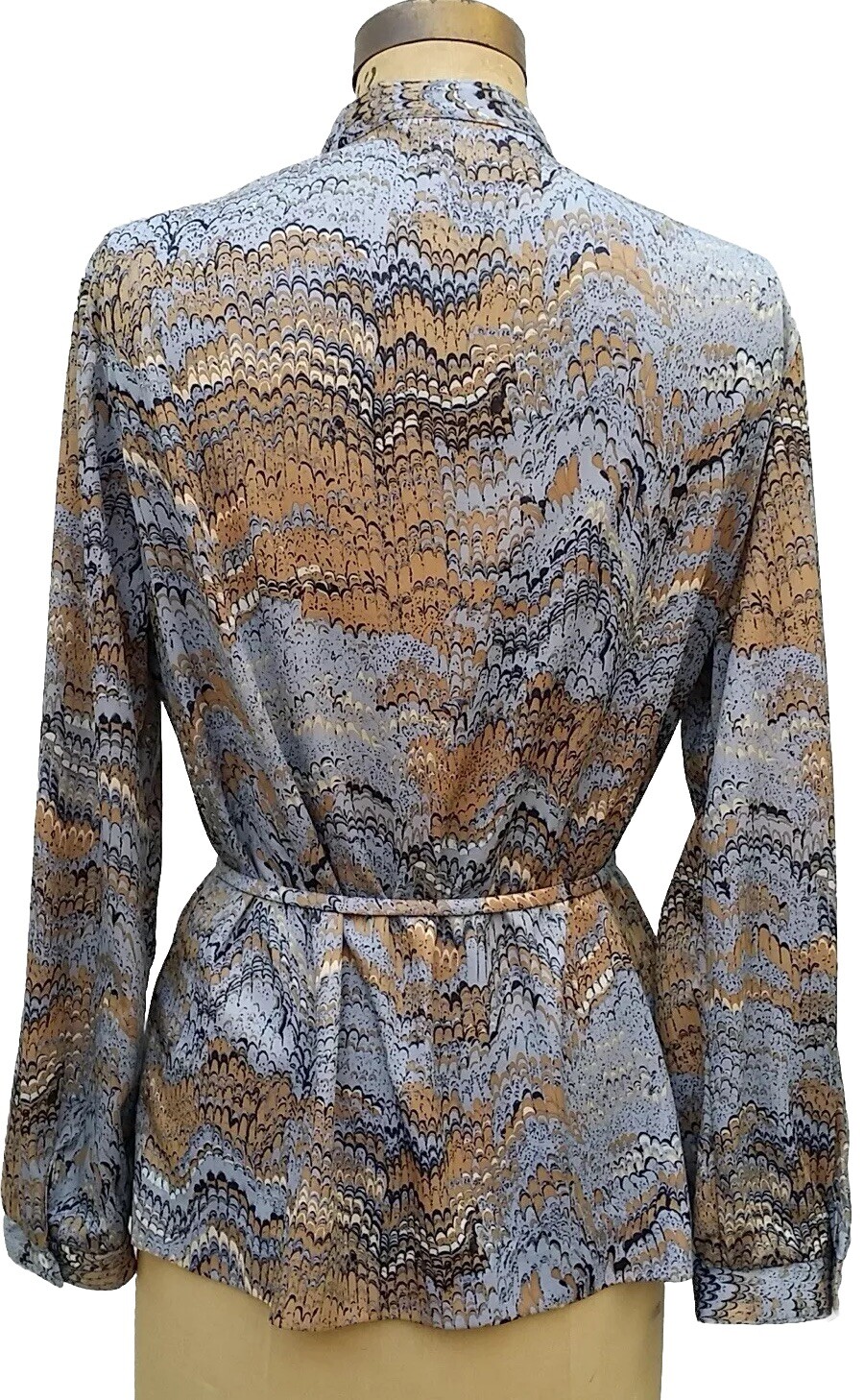 Vintage 1970s Marbleized Print Tunic LS Blouse Mandarin Band Collar Alex Colman
