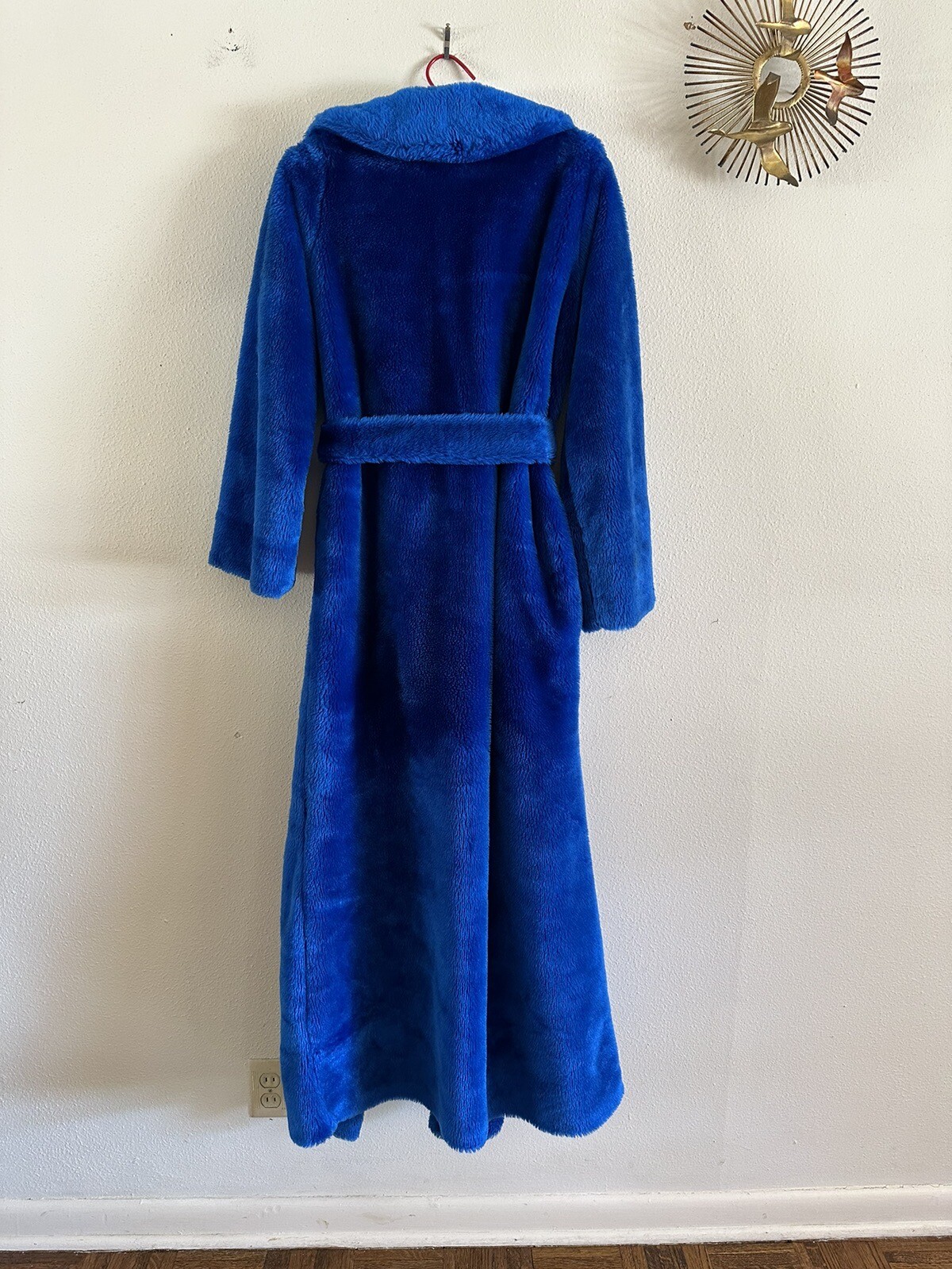 1970s Montgomery Ward Electric Blue Shag Robe Plush Faux Fur Belted Medium VTG