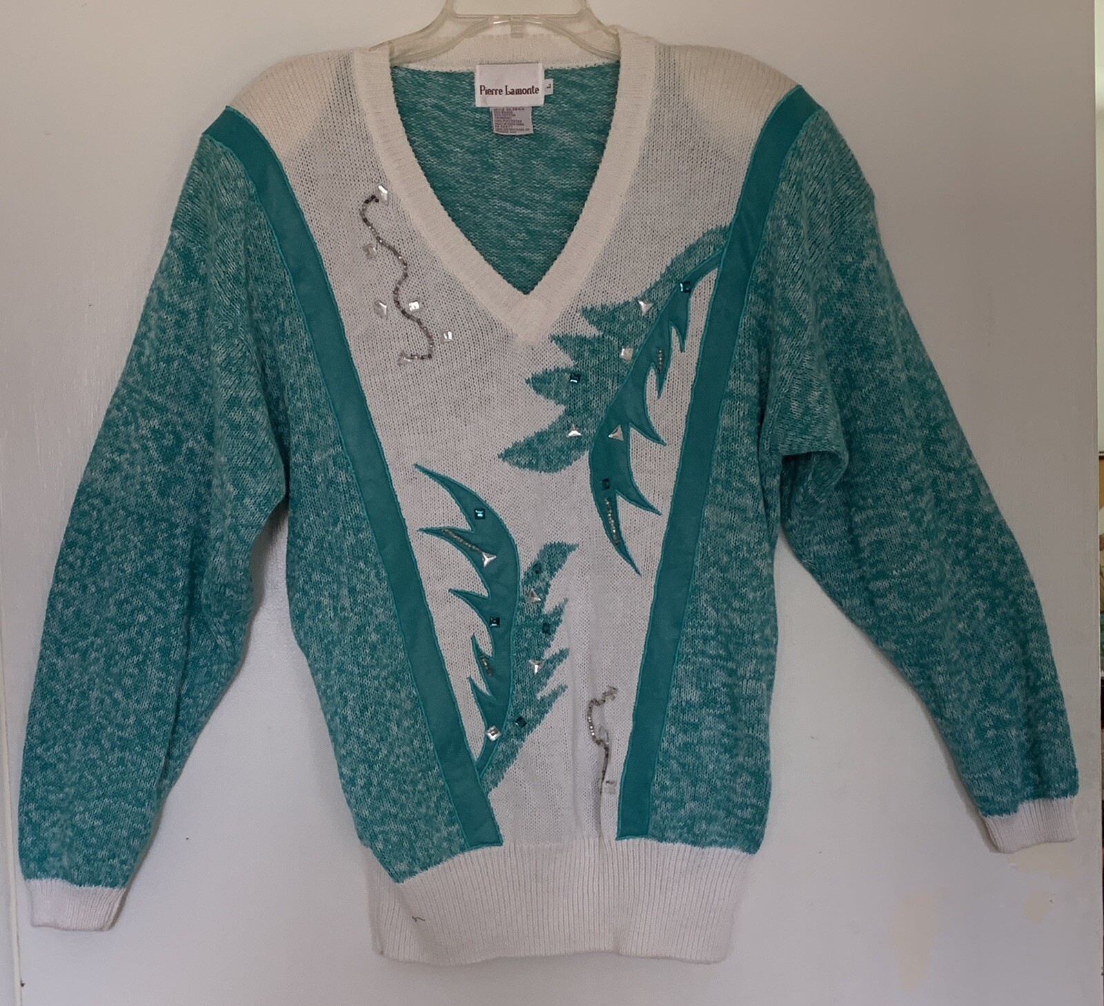 Vintage 80’s Teal & White Embellished Sweater w/Shoulder Pads By Pierre Lamonte