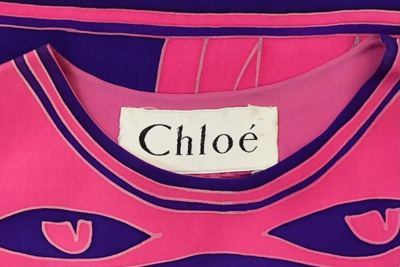 Vintage Chloé Pink Purple Silk Printed Dress with Belt