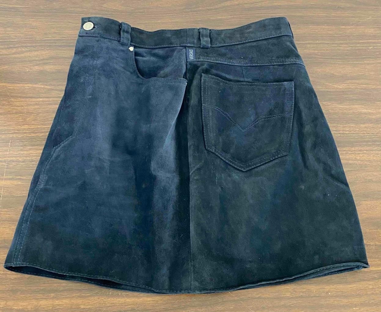 Vintage 1990s Versace Logo Jeans Couture Dark Blue Suede Mini Skirt Size 30/44