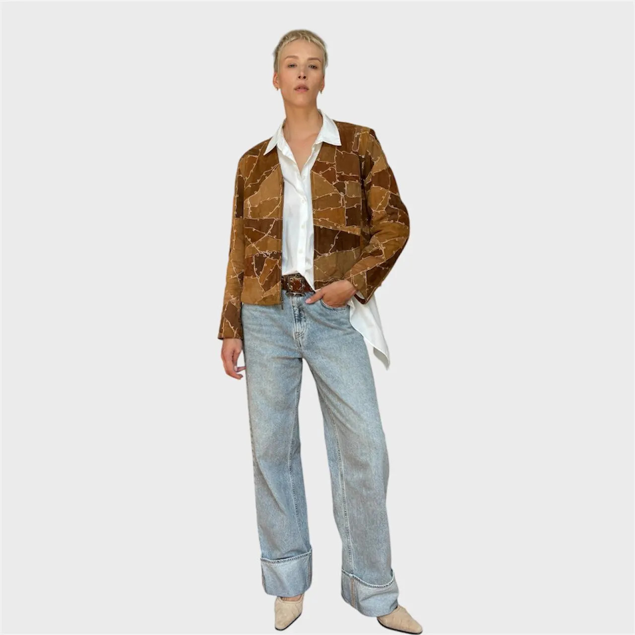 Vintage Brown Suede Patchwork Jacket | Embroidered Zip-Up Size US 8/ EU40