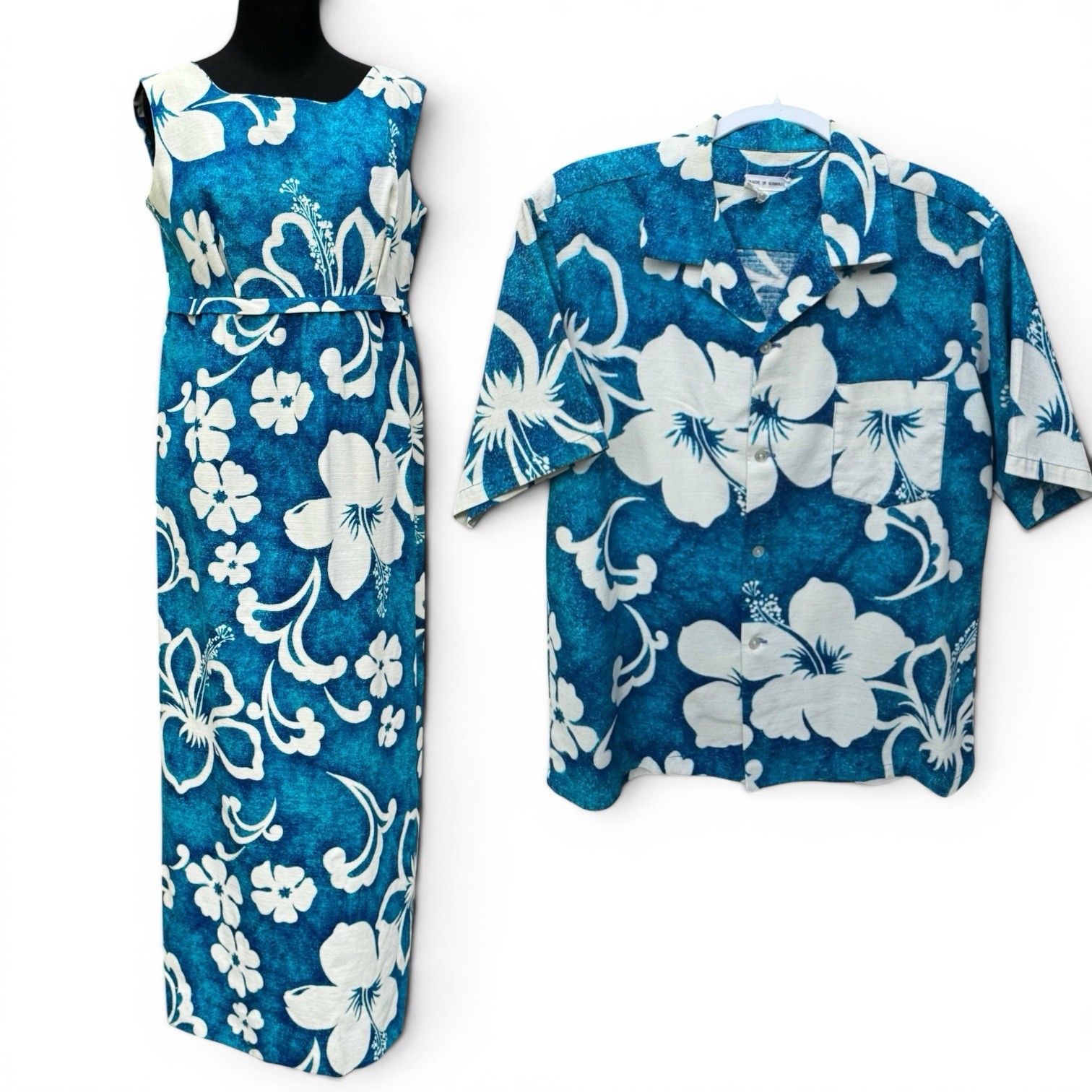 Vintage Karen Ann Hawaii Honeymoon Set His Hers Matching Dress Shirt Blue Floral