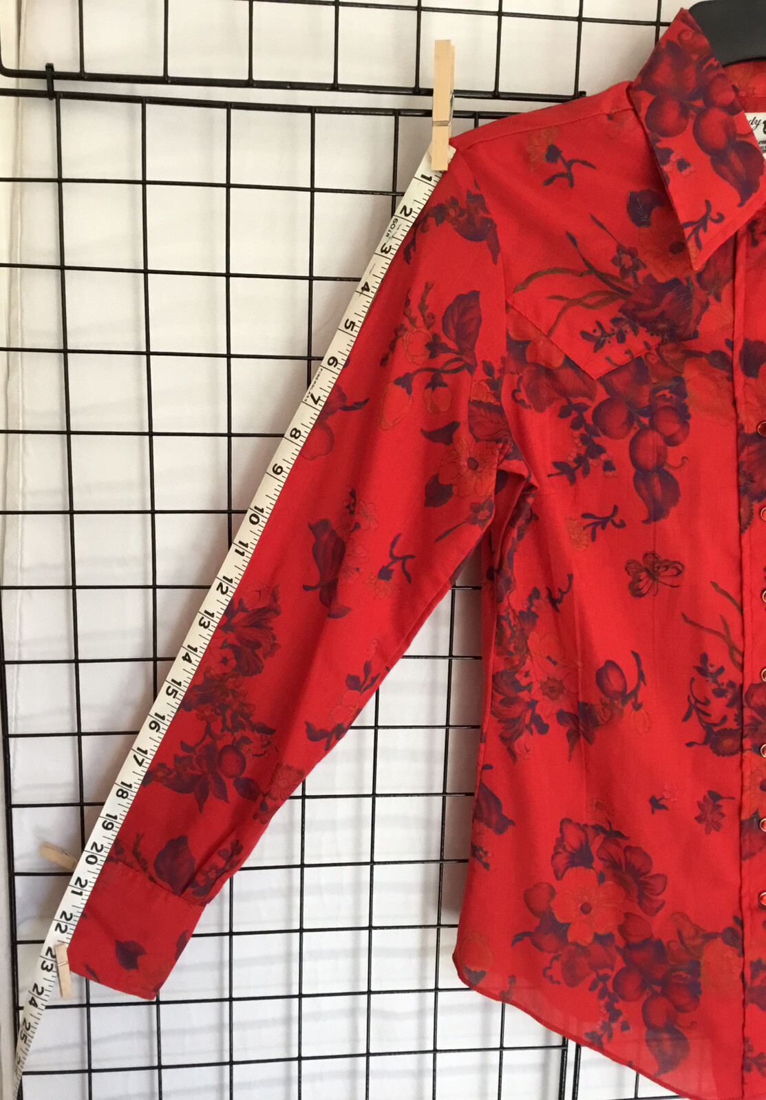 Vintage Lady DJ by Dickson-Jenkins Bright Red Floral Blouse Western Style 1970’s