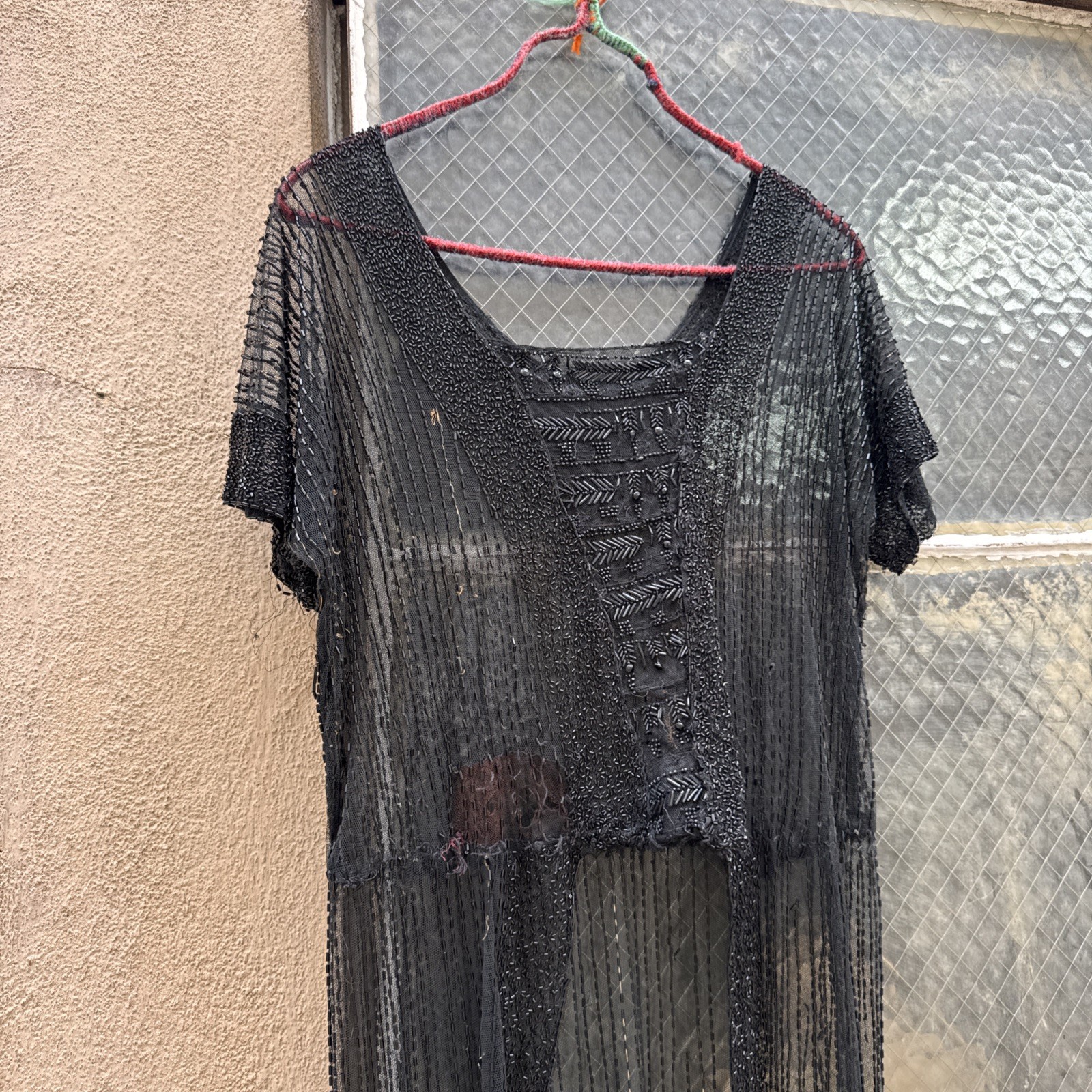 Antique 1920s Black Net Heavily Beaded Dress Train Short in Front Floral Vintage