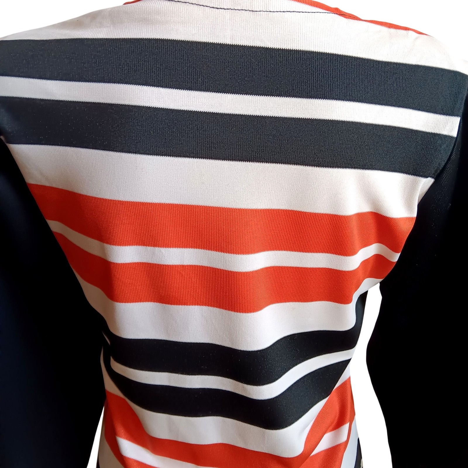 Medium True Vintage Top 1970’s Mod Blouse Striped Orange Black White Acetate