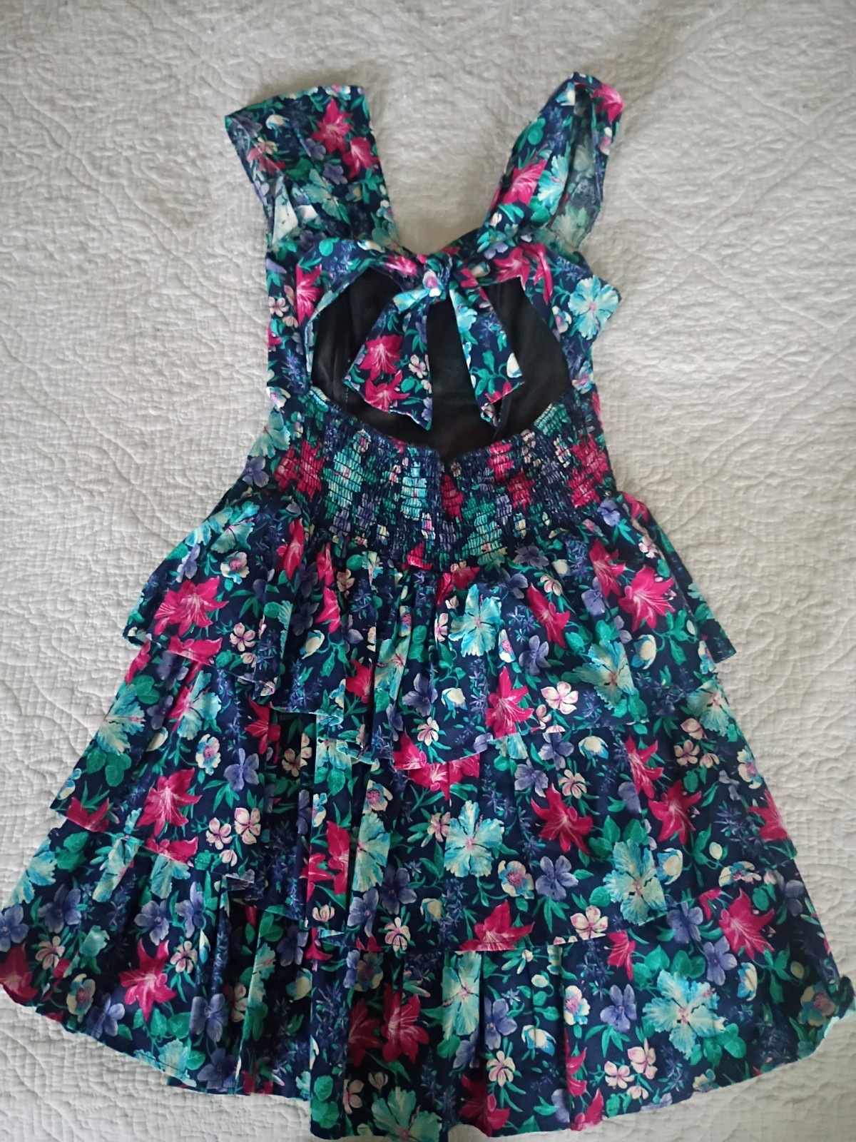 All That Jazz Vintage 80s/90s Floral Tiered Green Pink Navy Midi Dress Size S