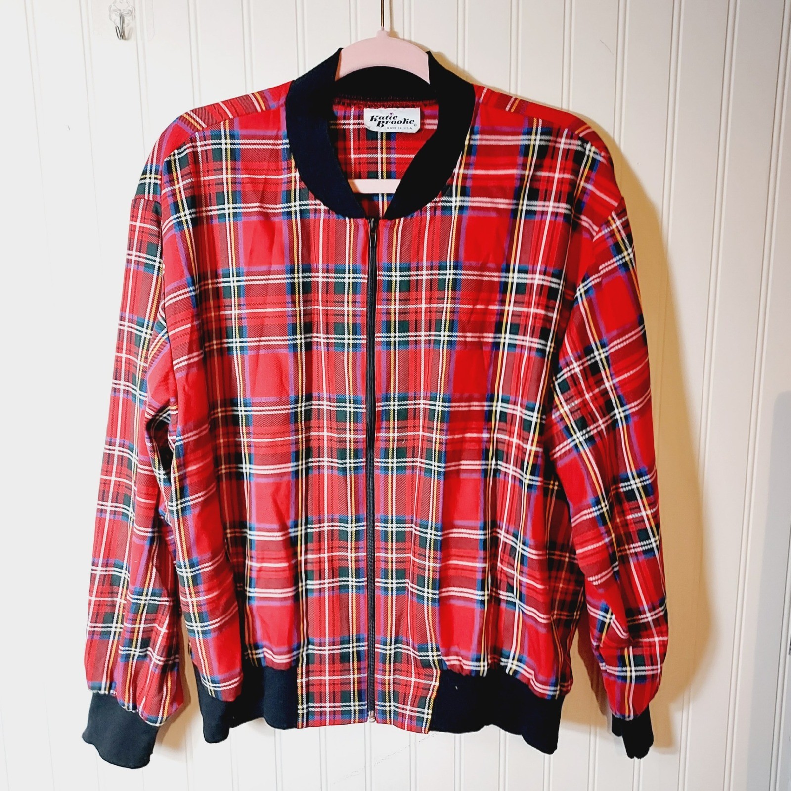 Katie Brooke Bomber Jacket Womens XL Red Plaid Vintage Zip Up Made in USA Ribbed