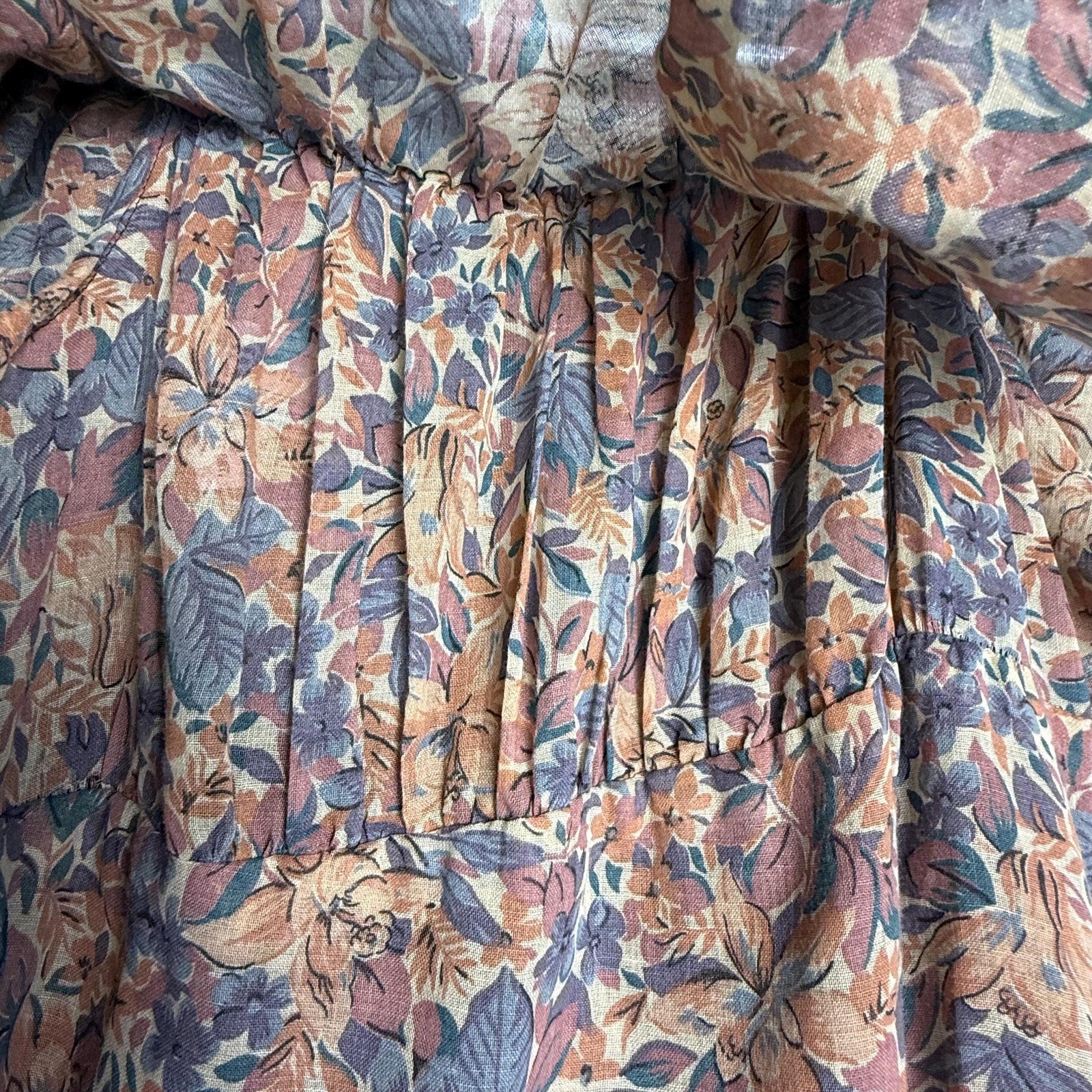 Vintage 70s Samuel Blue Floral Brown Ruffle Midi Dress Small Cottagecore Boho