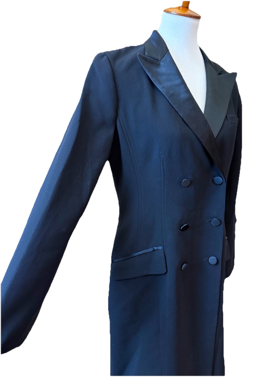 Vtg Jones NY Sz 10 Tuxedo Dress Classic Black Double Breasted Satin Details