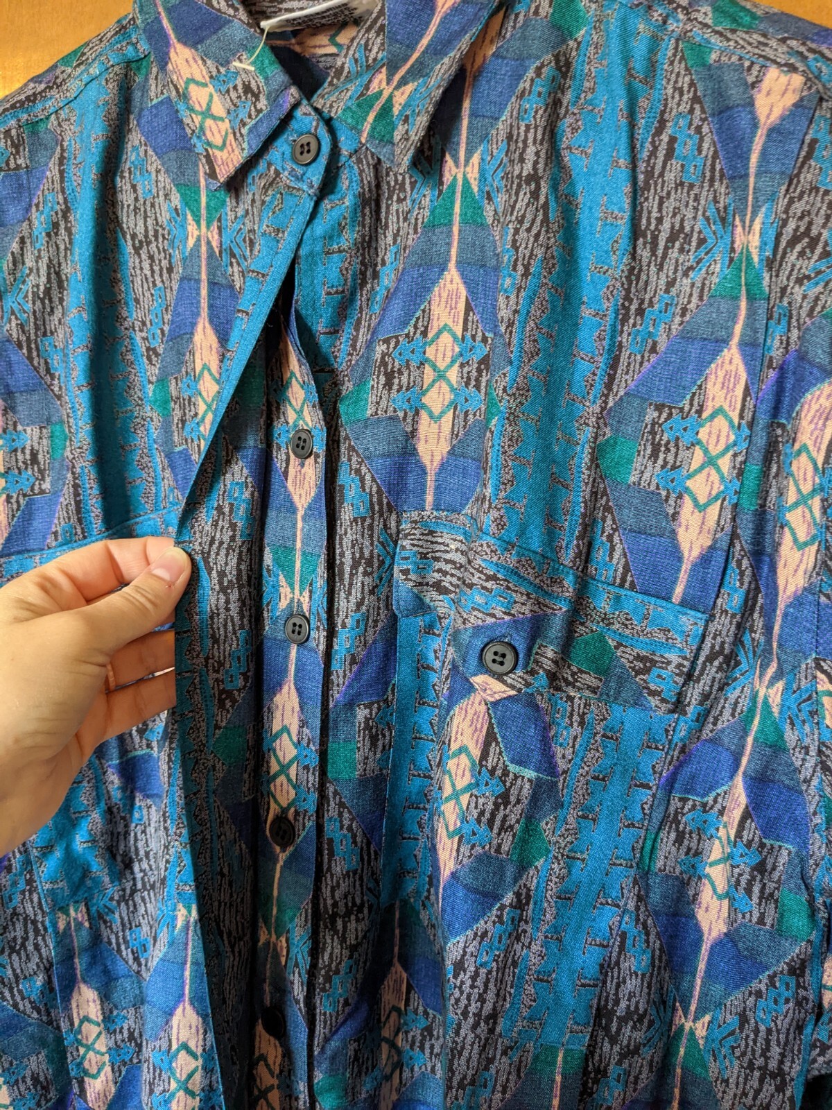 NWOT Vtg Zashi Geometric Southwestern Aztec Print Button Up Blouse Women’s Large