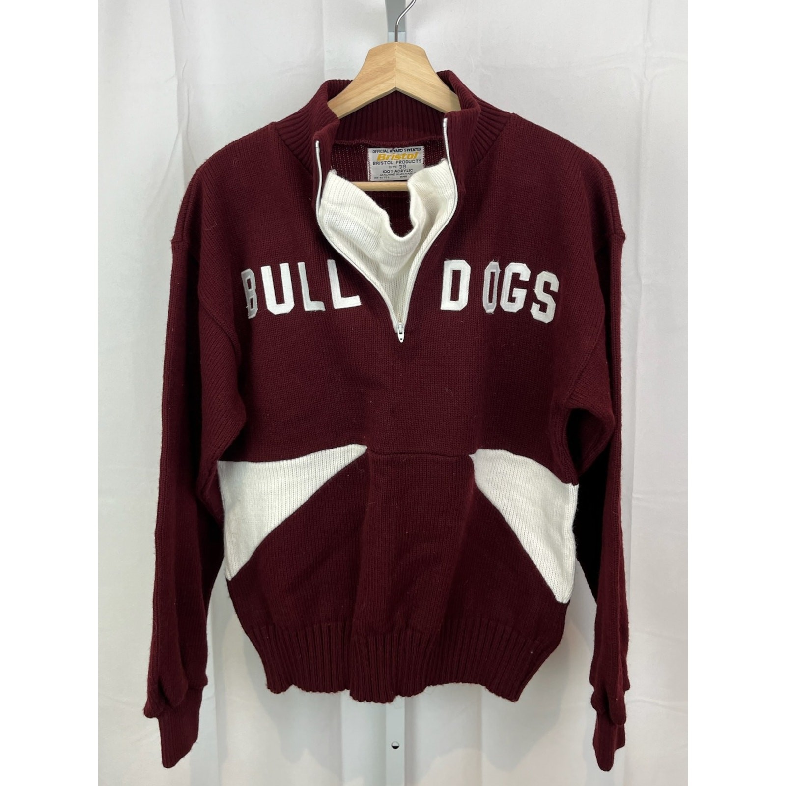 BRISTOL 38 M Vintage Official Award Sweater Prep Bulldogs Zip Neck Maroon White
