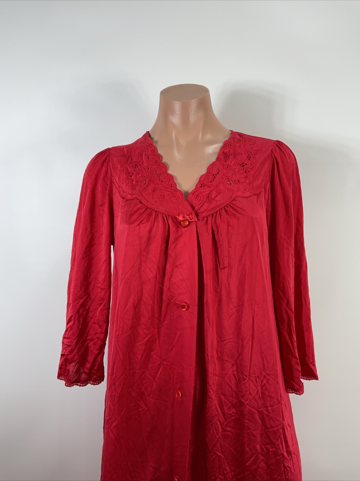 Vintage Shadowline ruby garnet red lace nylon robe negligee peignoir elegant S