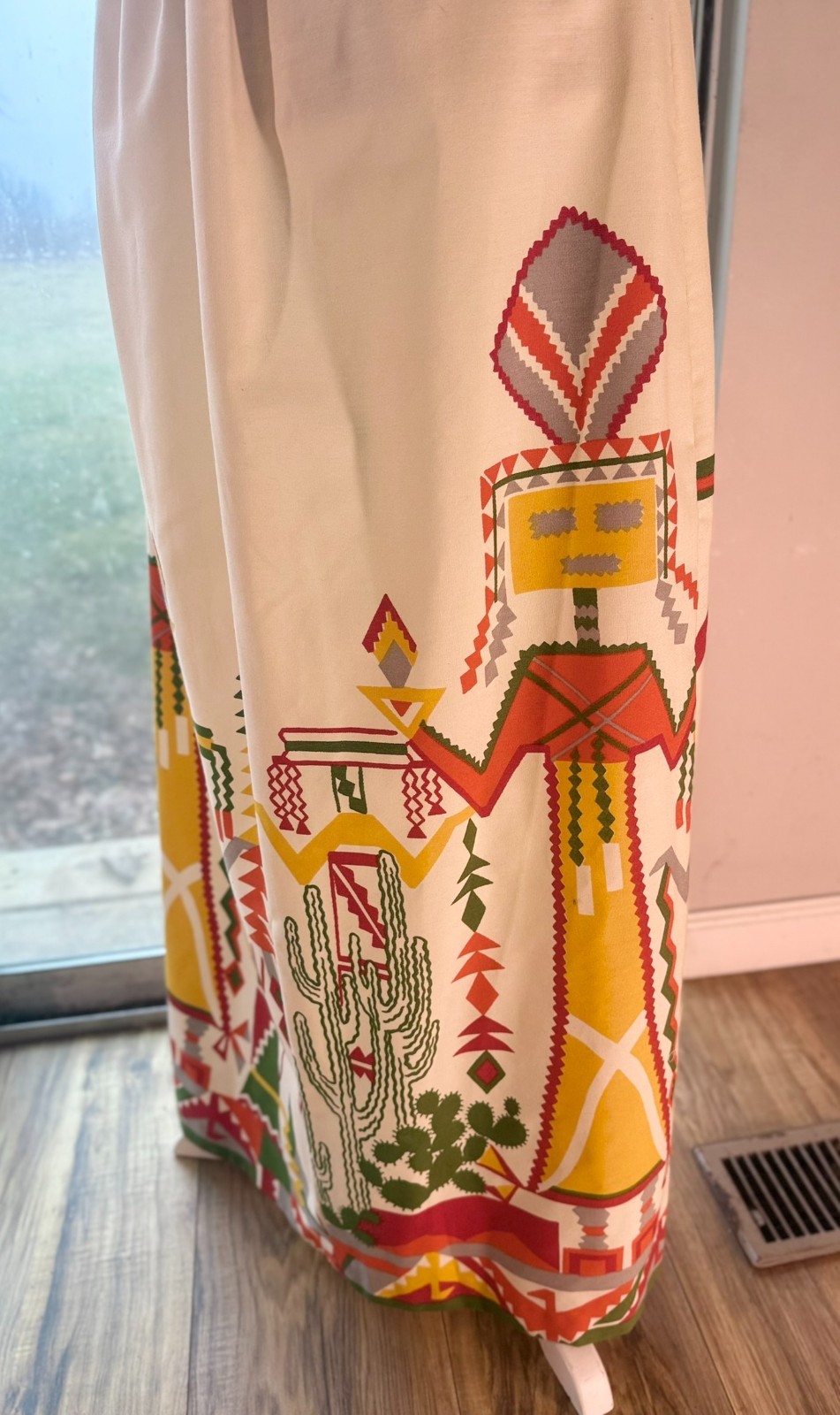 Vtg 1960s 70s Maxi DRESS Kachina Doll CACTUS Print Native FOLK ART Skirt XS/S