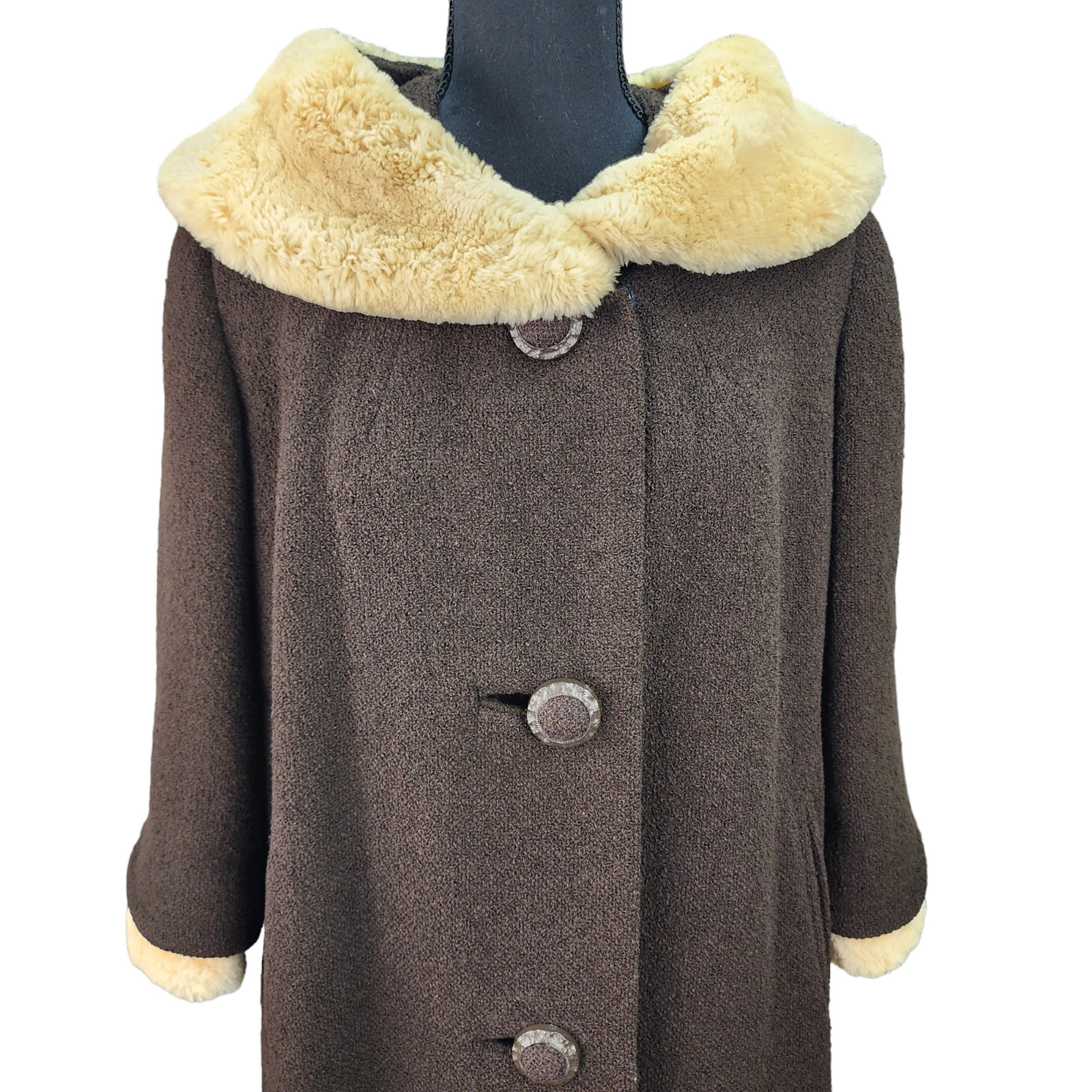 Vtg Stevens Forstmann Coat LARGE Leakas Furriers Dayton OH Dark Brown Tan Fur