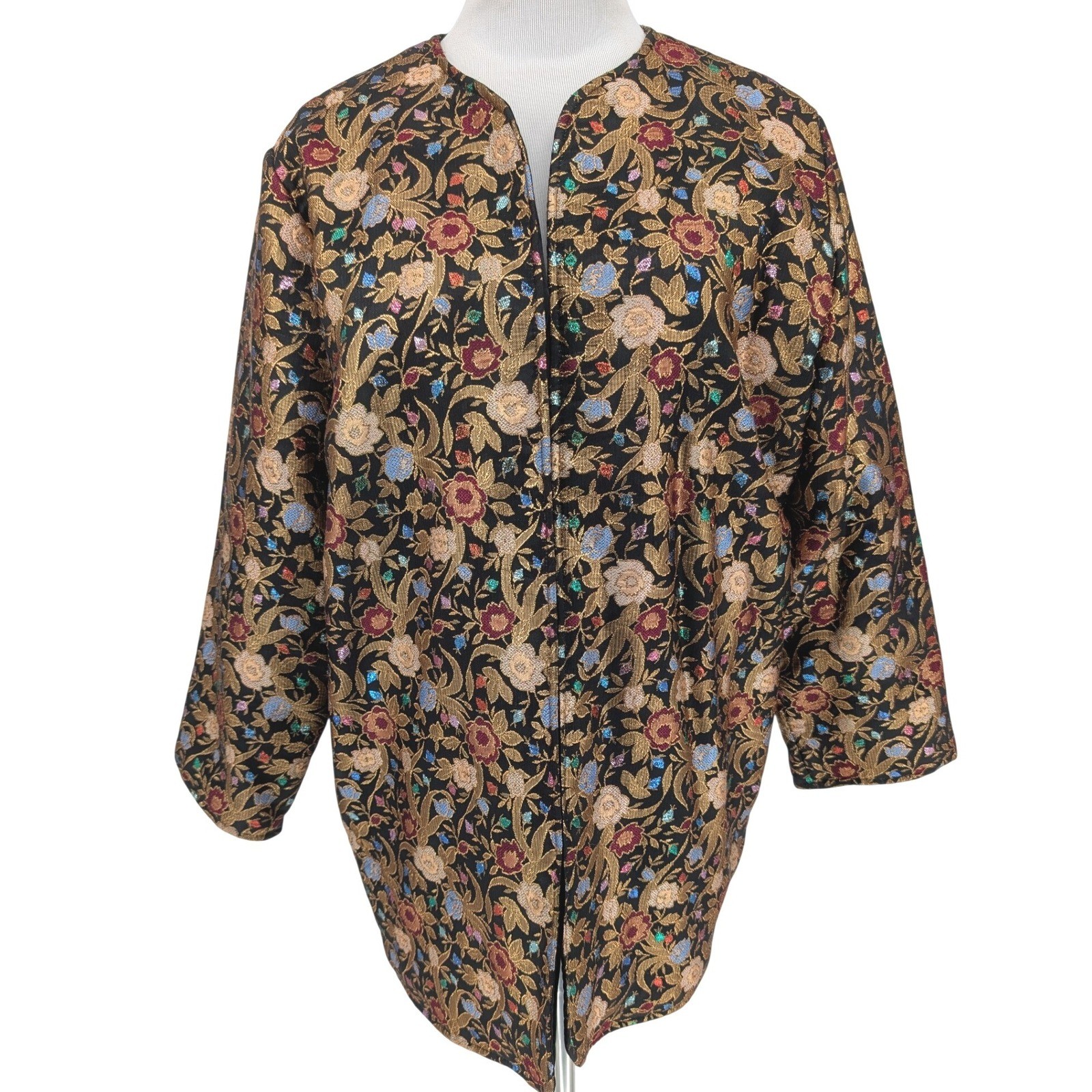 VTG 80s Satin Floral Brocade Jacket Womens M Black Gold Boho Chic Regency Whimsy