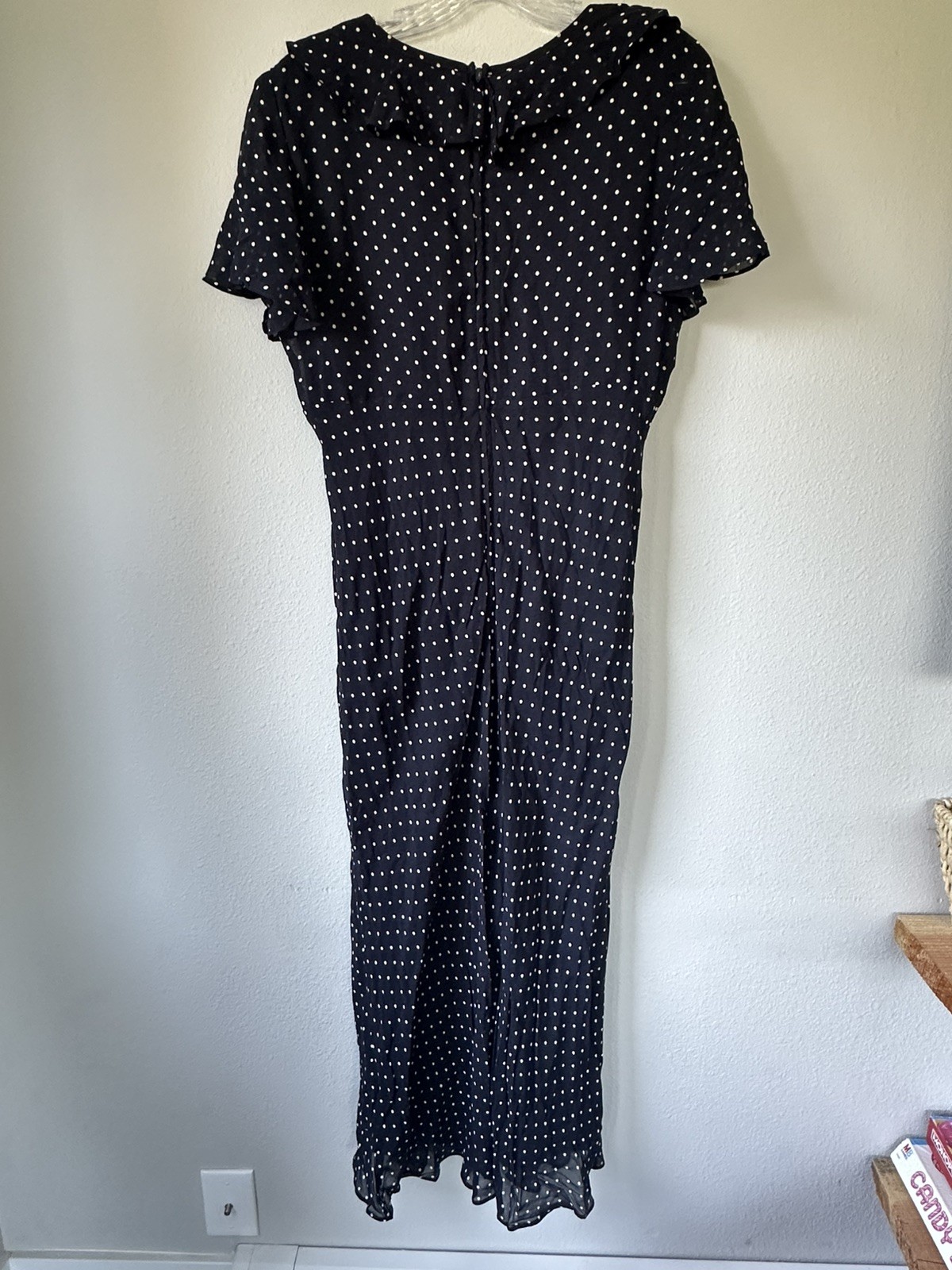 womens vintage dress Jeffrey & Dara, size 14 Polka Dot Flutter Sleeve Navy