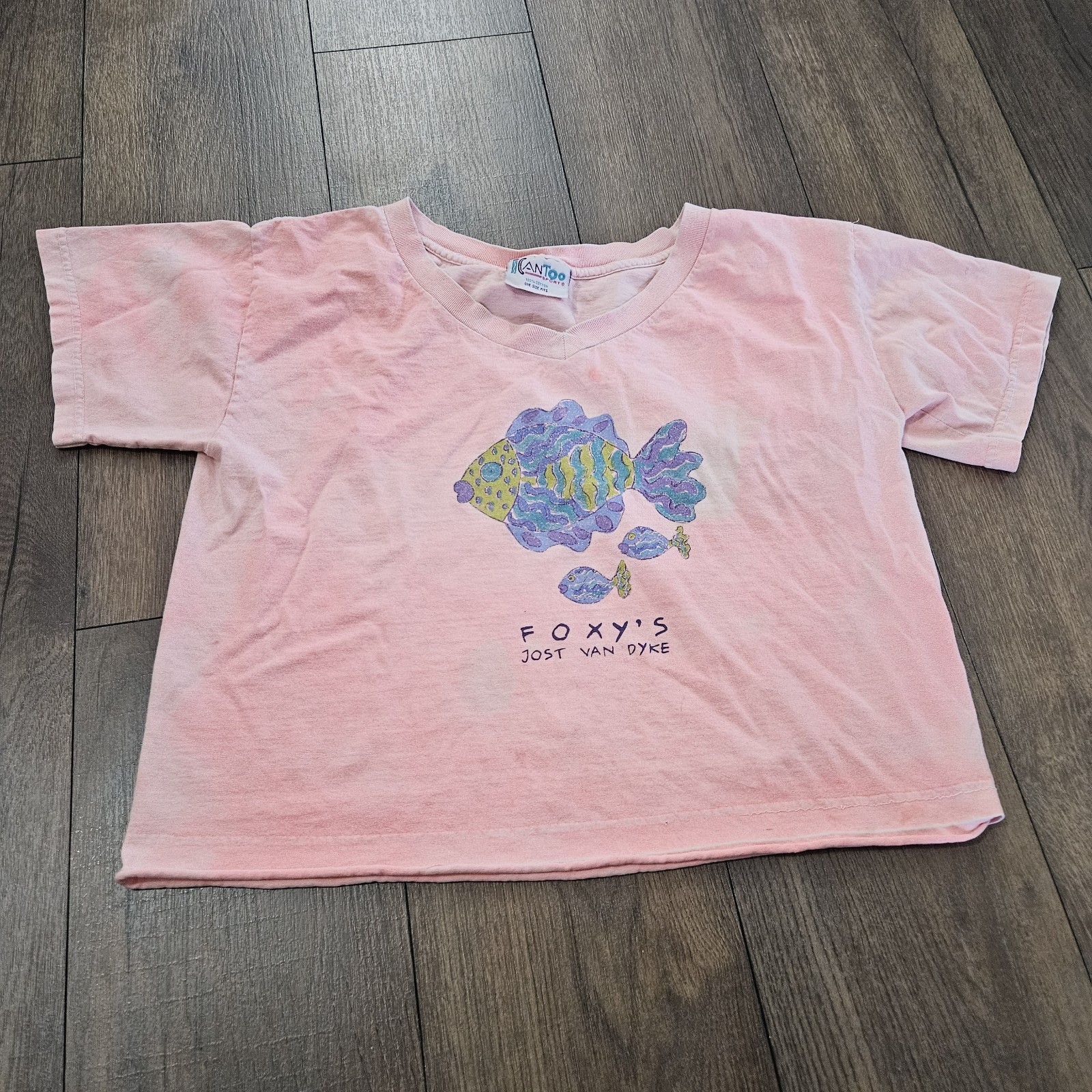 Vintage Kantoo Cropped Pink Foxy’s Jost Van Dyke Fish Shirt One Size.