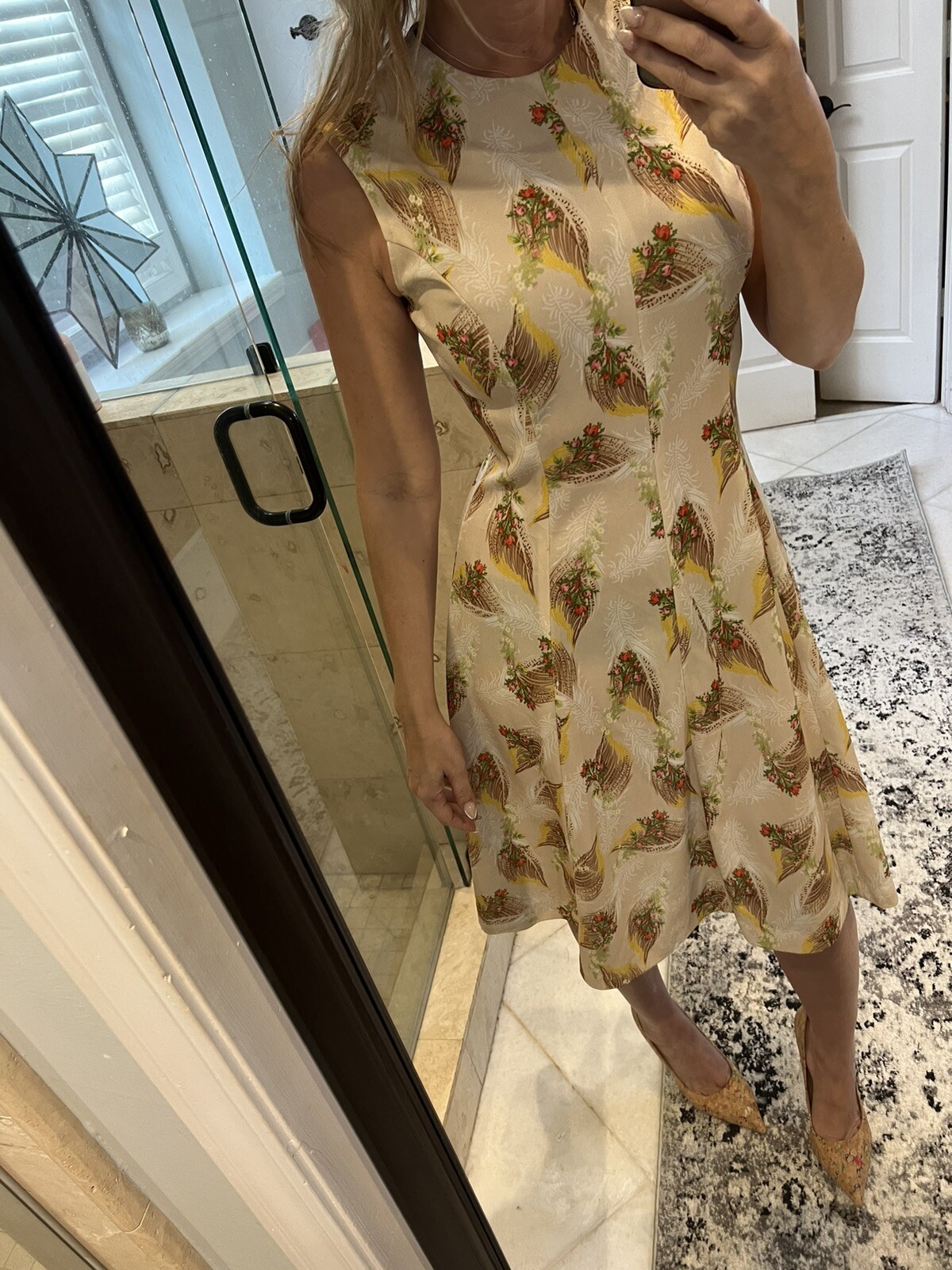 Vintage 70s Sears Tan Pink Floral Print Wheat Brown Midi Dress S M