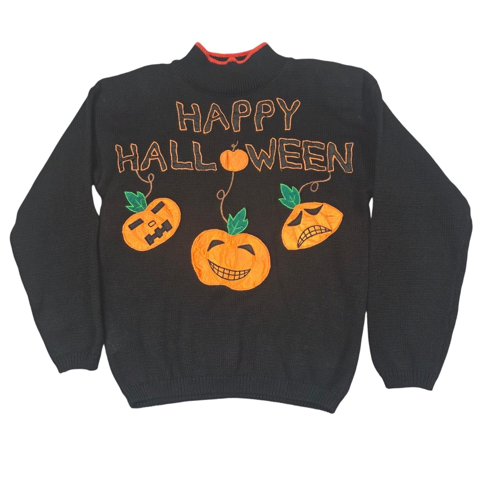 Vtg Shenanigans Sweater Women S Black Happy Halloween Pumpkin Festive Kitschy