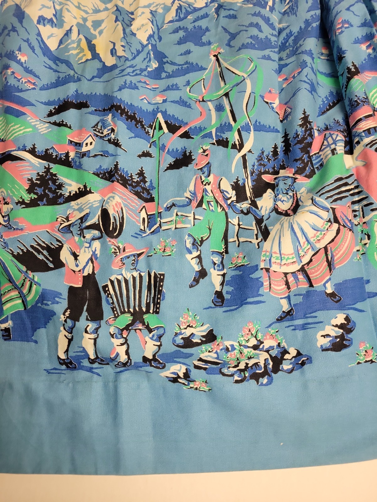 Vintage 1950s Full Skirt Novelty Print Blue European Alps Scene Rockabilly
