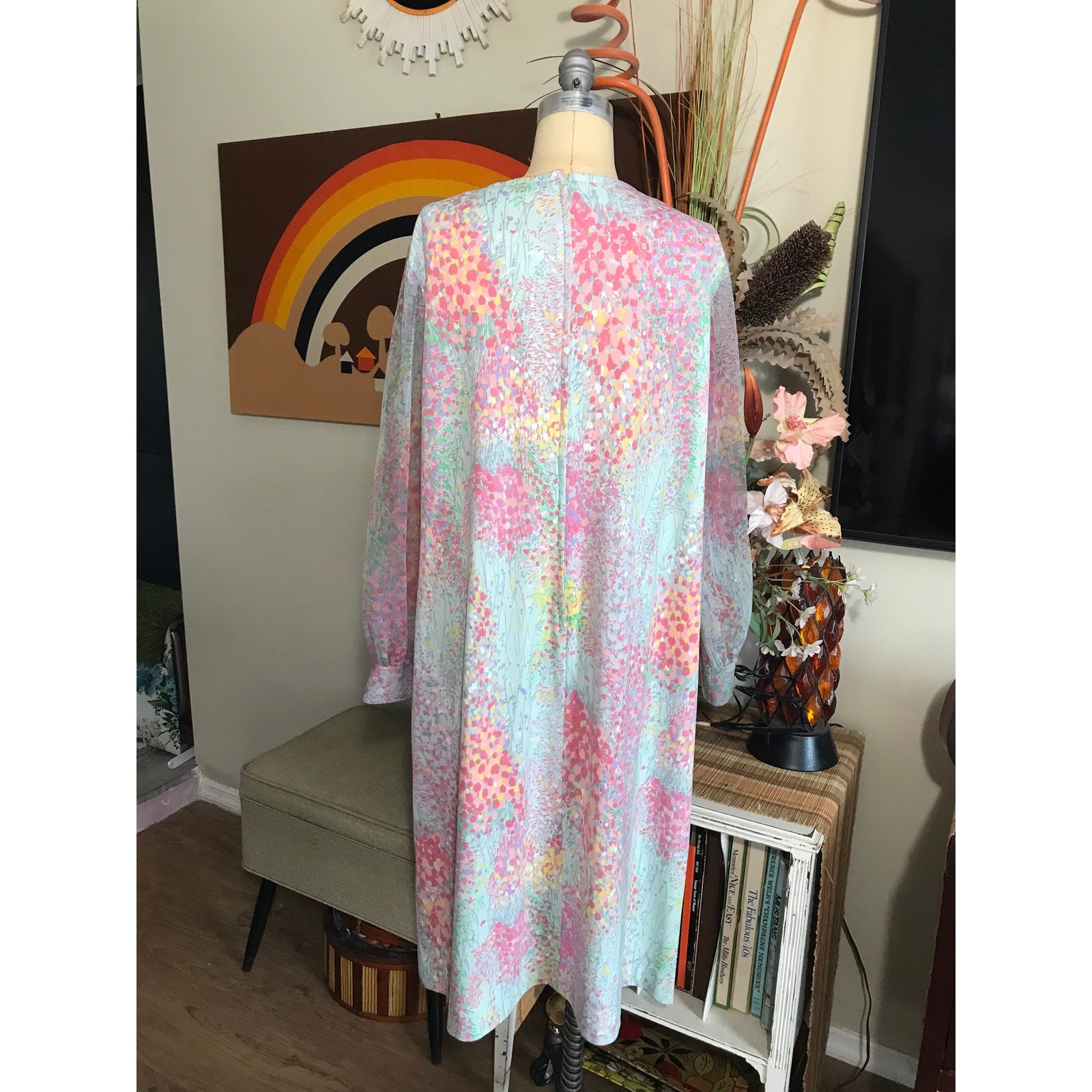 Vintage 1970s Mary Roberts Pastel Floral Dress with Detachable Chiffon Vest