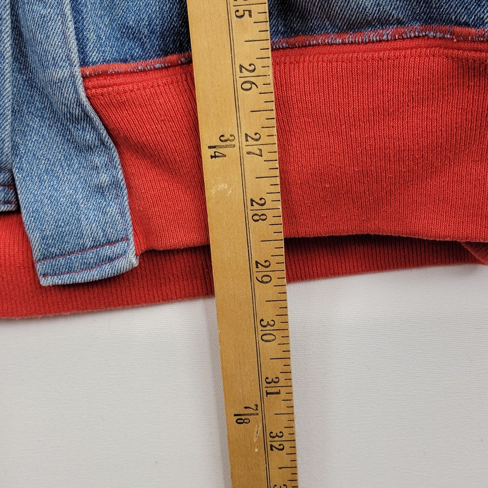 Vintage Reworked Denim Patchwork Jacket Red Sweatshirt Womens XL Pre-owned