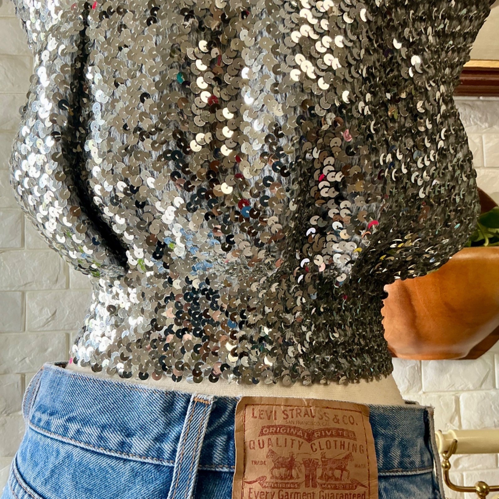 Vintage 1970s Disco Metallic Silver Sequin Tube Top