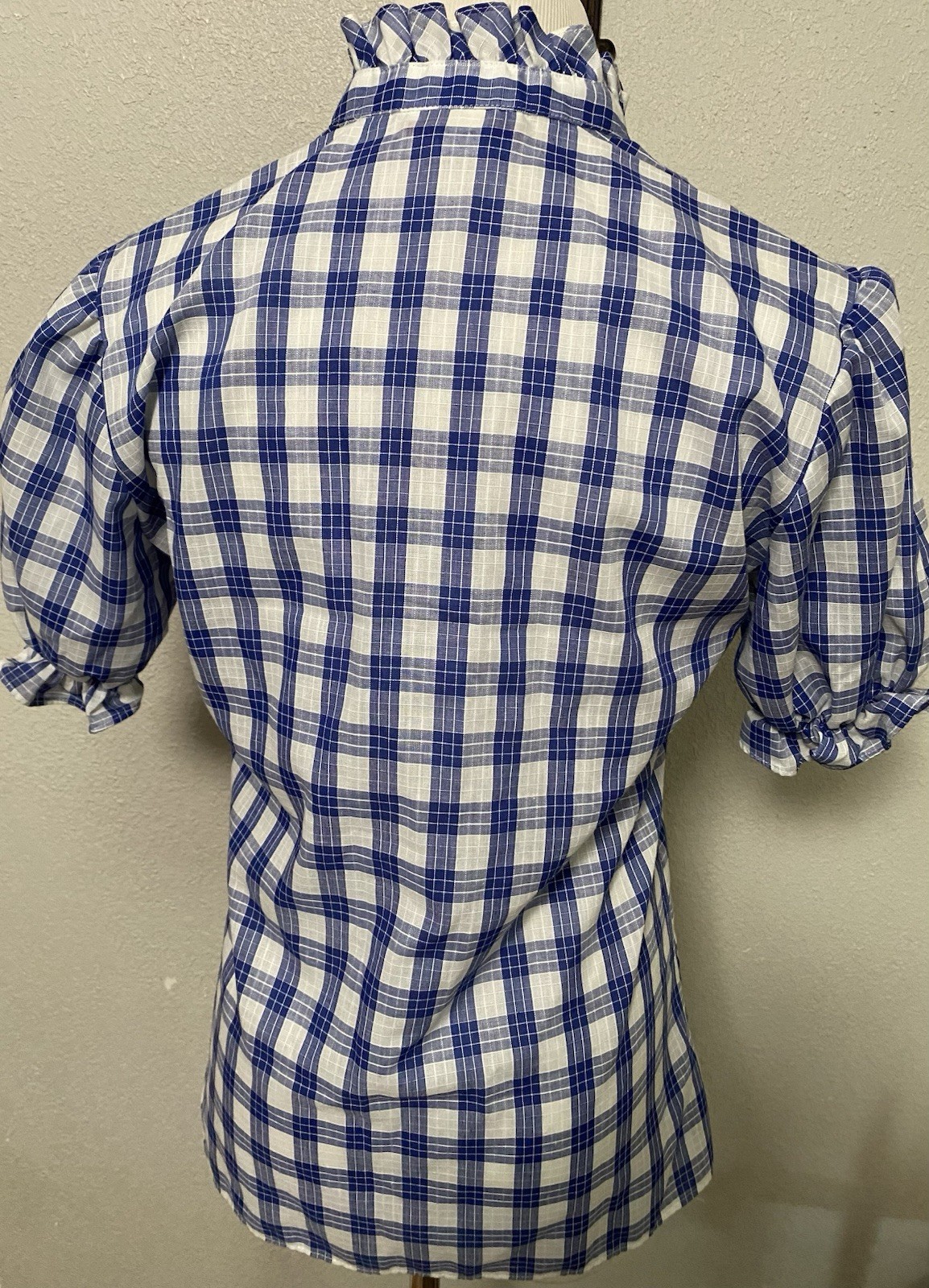Vintage Laura Mae Life Blouse Blue Plaid Cottagecore Short Puff Sleeves 38 36 40