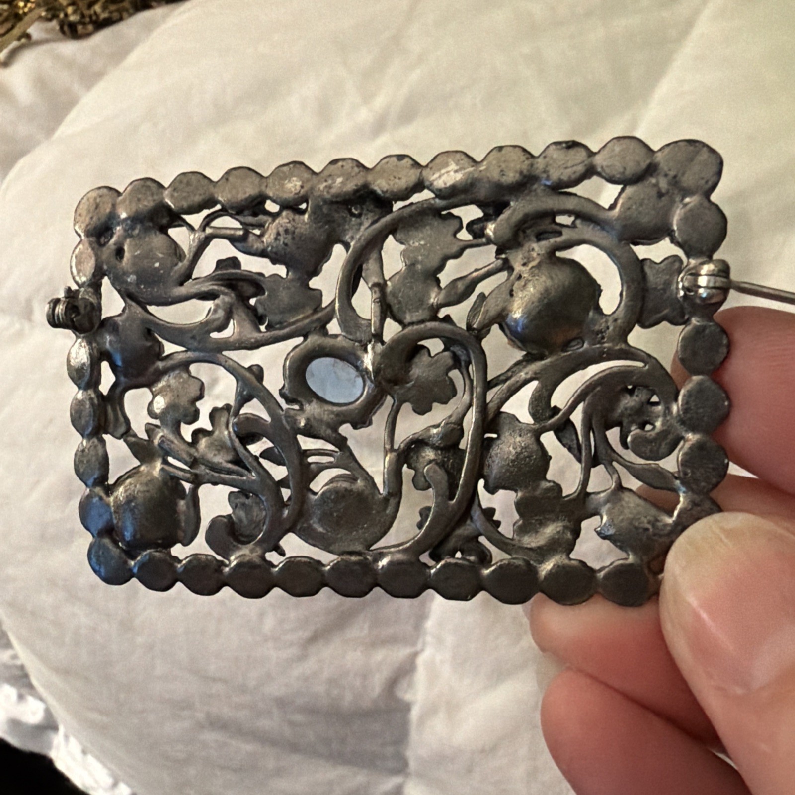 Vintage Ornate Pin Light blue Gems Silver Metal Floral and Vines