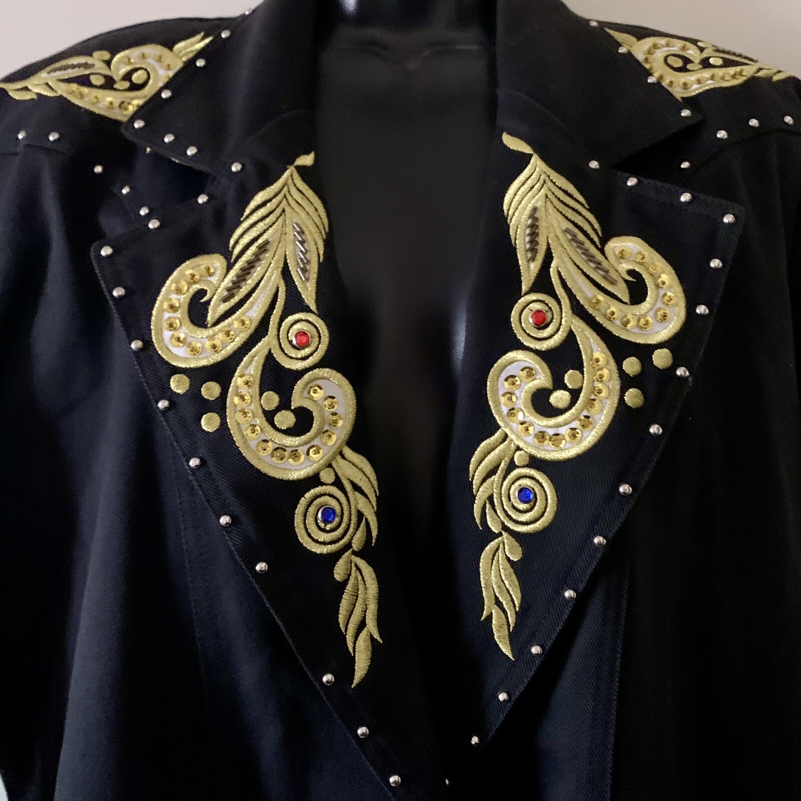 Vintage JenJen by Darian Blazer Black Denim Gold Embroidery Rhinestone Studded M
